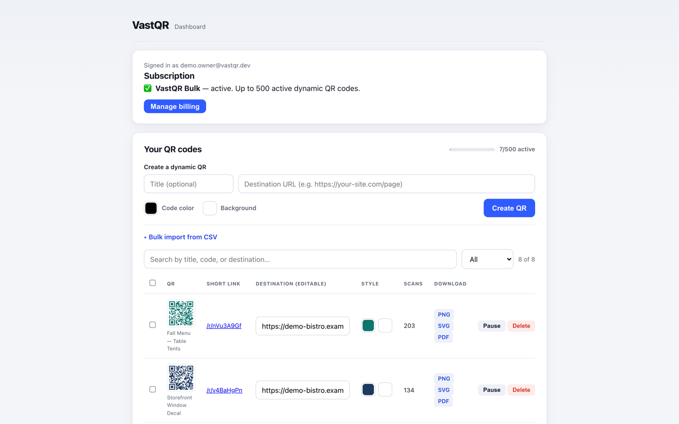 The VastQR dashboard: an active subscription panel above a QR code table listing each code's short link, an editable destination field, style, scan count, and PNG, SVG and PDF download links with a Pause control.