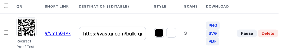 A VastQR library row showing a short link, an editable destination field containing a URL, an Active status and a scan count — the destination can change without changing the printed QR code.